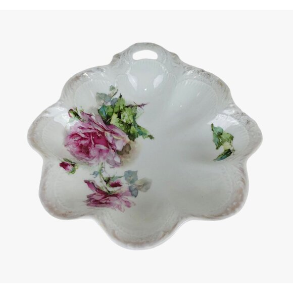 Antique K Steinmann German Porcelain Floral Dish Pink Roses Scalloped Edges - Picture 3 of 10